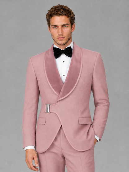 Savile Men's Dusty Rose Velvet Shawl Lapel Tuxedo Suit – Modern Side-Buckle Dinner Jacket & Trousers 2-Piece Set - Dusty Rose