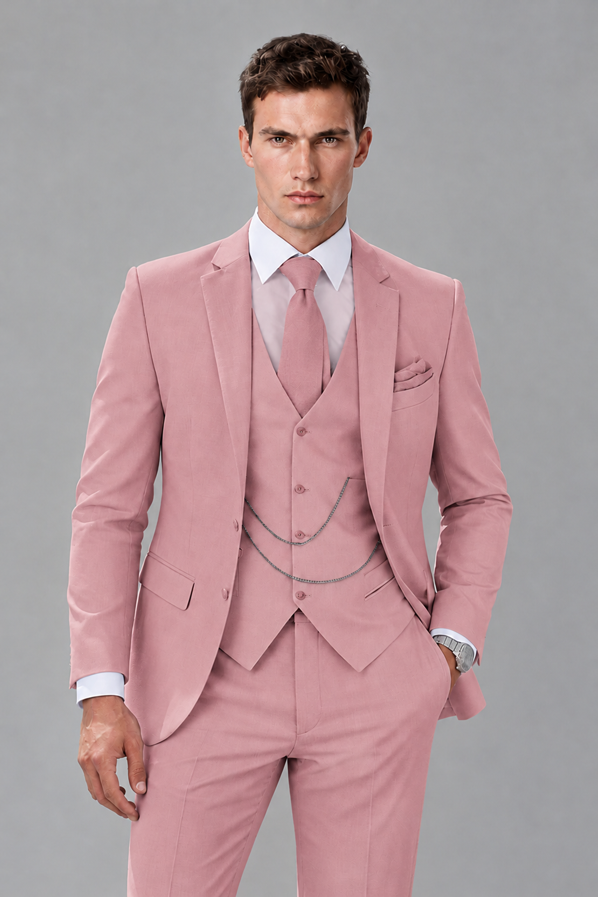 Savile Dusty Rose 3-Piece Suit with Notch Lapel & Chain Vest - Dusty Rose