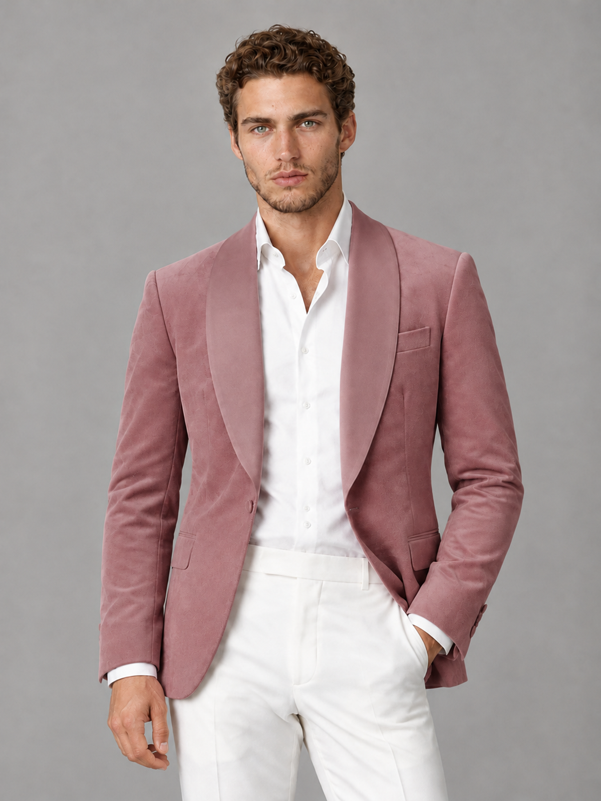 Savile Men's Dusty Rose Velvet Shawl Lapel 2-Piece Tuxedo Suit Set | Jacket & White Trousers - Dusty Rose - Dusty Rose (1)