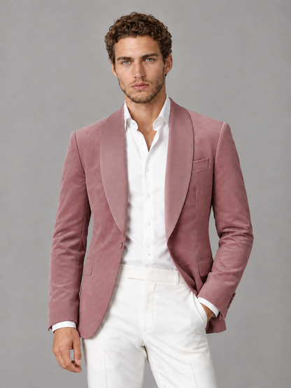 Savile Men's Dusty Rose Velvet Shawl Lapel 2-Piece Tuxedo Suit Set | Jacket & White Trousers - Dusty Rose - Dusty Rose (1)