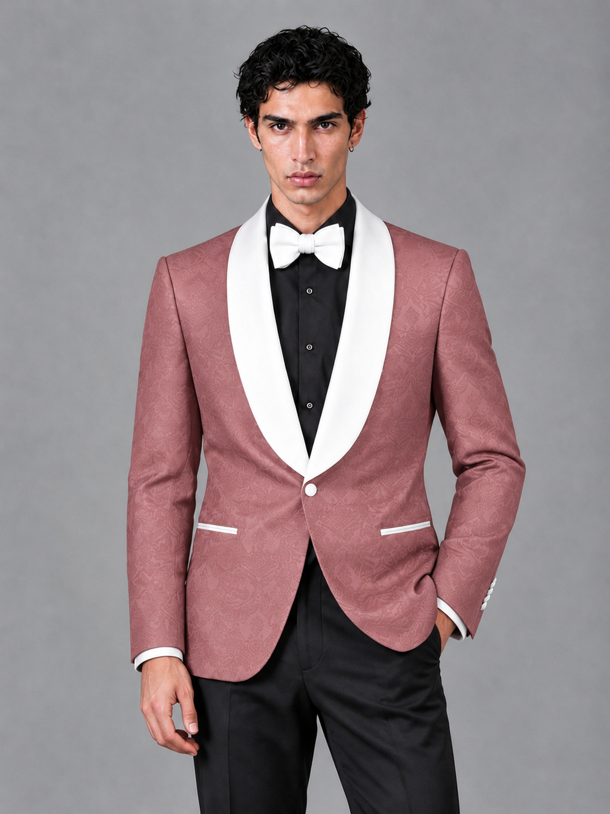Savile Men's Dusty Rose Jacquard White Shawl Lapel 2-Piece Tuxedo Suit Set | Jacket & Trousers - Dusty Rose - Dusty Rose (1)