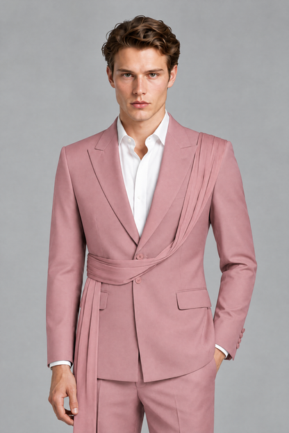 Men's Dusty Rose Draped Sash Suit – Peak Lapel 2-Piece Slim Fit Party, Gala & Wedding Set - Dusty Rose
