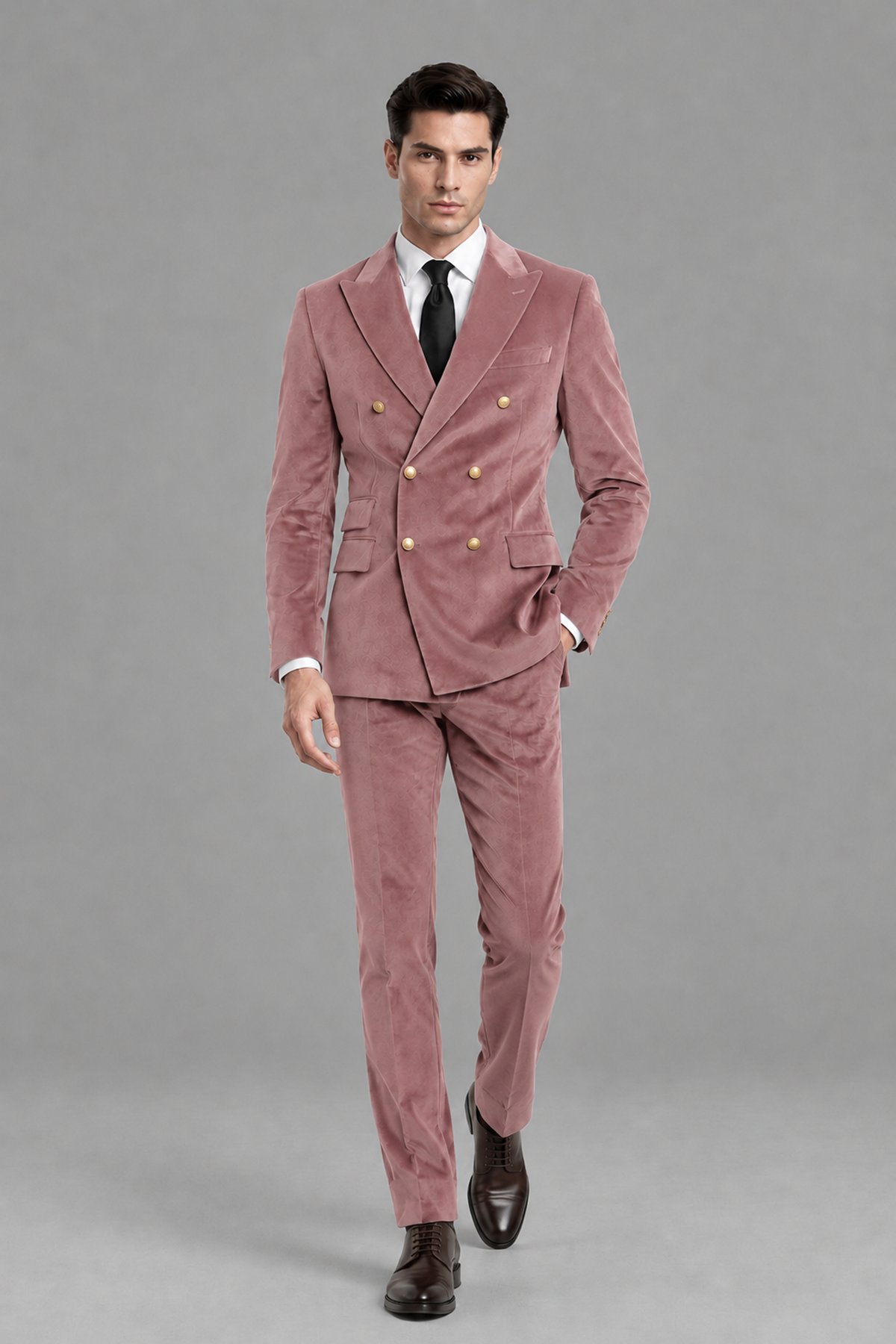 Savile Men's Dusty Rose Velvet Double-Breasted 2-Piece Suit Set | Peak Lapel Blazer & Trousers - Dusty Rose
