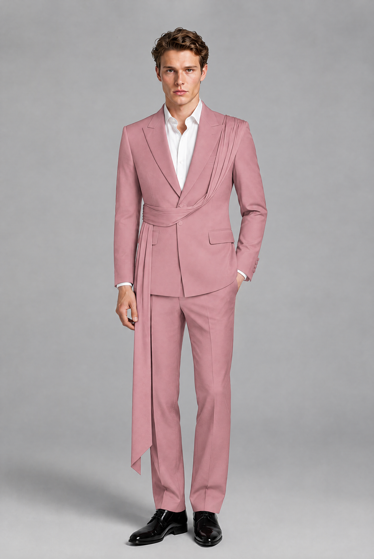 Men's Dusty Rose Draped Sash Suit – Peak Lapel 2-Piece Slim Fit Party, Gala & Wedding Set - Dusty Rose
