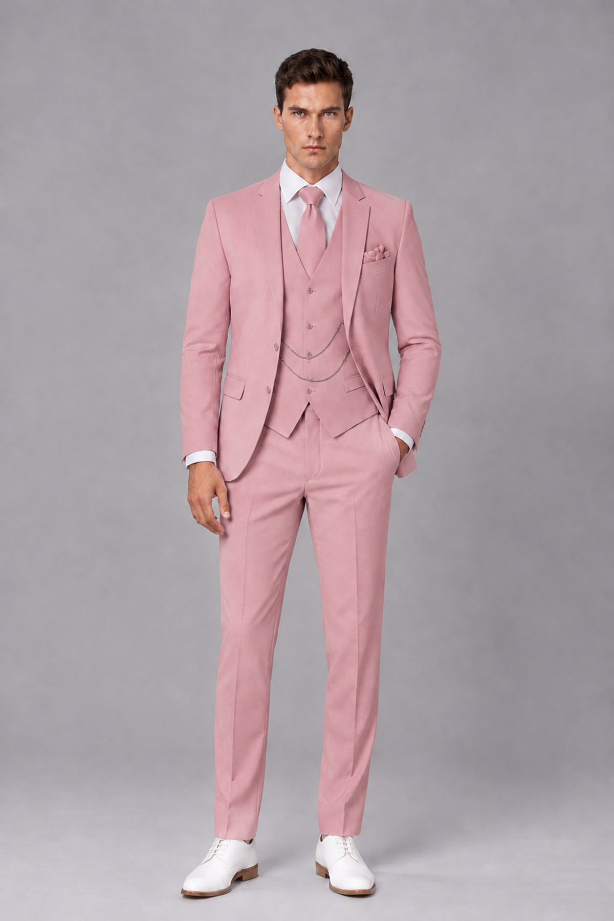 Savile Dusty Rose 3-Piece Suit with Notch Lapel & Chain Vest - Dusty Rose
