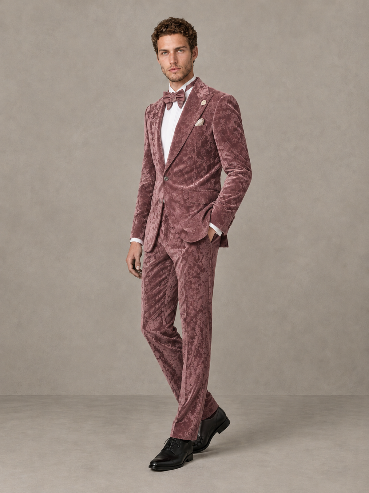 Savile Men's Dusty Rose Crushed Velvet Peak Lapel 2-Piece Suit Set | Jacket & Trousers - Dusty Rose - Dusty Rose (3)