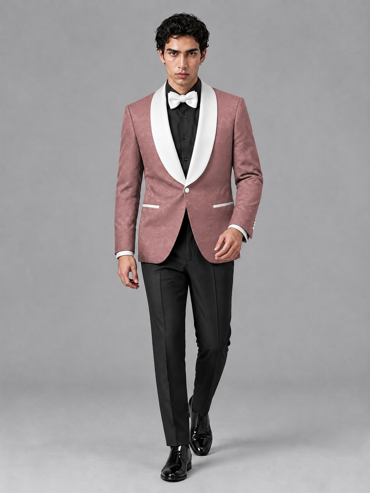 Savile Men's Dusty Rose Jacquard White Shawl Lapel 2-Piece Tuxedo Suit Set | Jacket & Trousers - Dusty Rose - Dusty Rose (3)