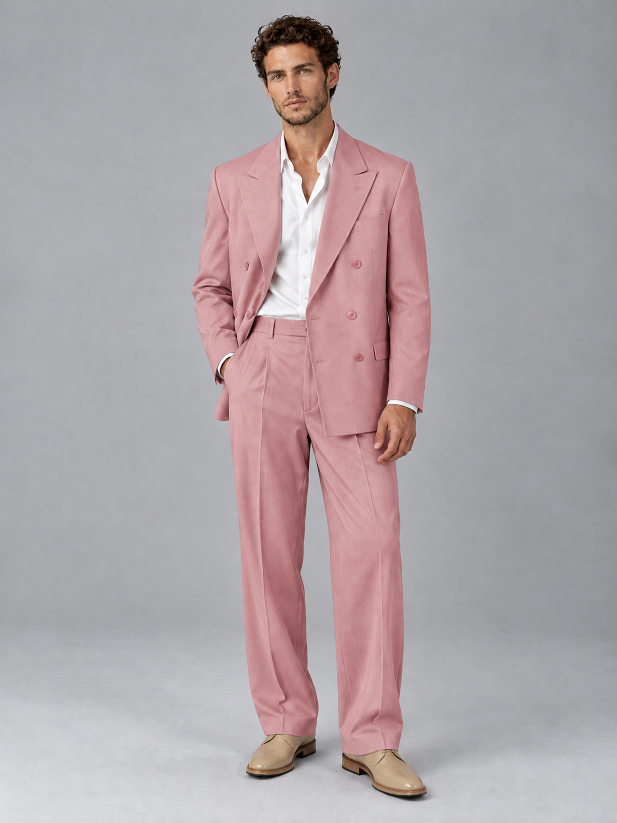 Savile Dusty Rose Beige Double-Breasted 2-Piece Suit with Peak Lapel - Dusty Rose