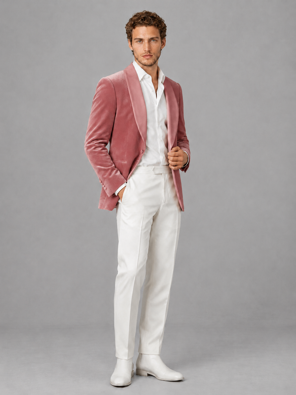 Savile Men's Dusty Rose Velvet Shawl Lapel 2-Piece Tuxedo Suit Set | Jacket & White Trousers - Dusty Rose - Dusty Rose (3)