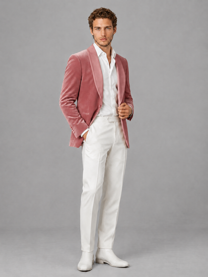 Savile Men's Dusty Rose Velvet Shawl Lapel 2-Piece Tuxedo Suit Set | Jacket & White Trousers - Dusty Rose - Dusty Rose (3)