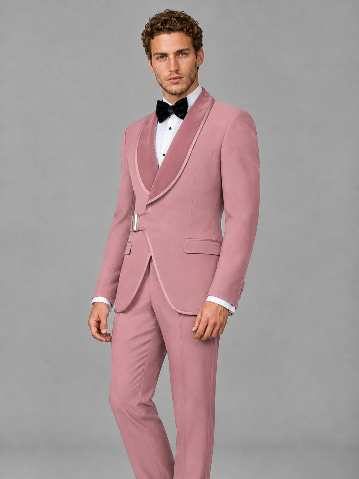 Savile Men's Dusty Rose Velvet Shawl Lapel Tuxedo Suit – Modern Side-Buckle Dinner Jacket & Trousers 2-Piece Set - Dusty Rose