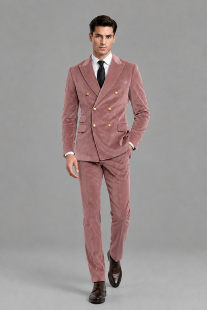 Savile Men's Dusty Rose Velvet Double-Breasted 2-Piece Suit Set | Peak Lapel Blazer & Trousers - Dusty Rose
