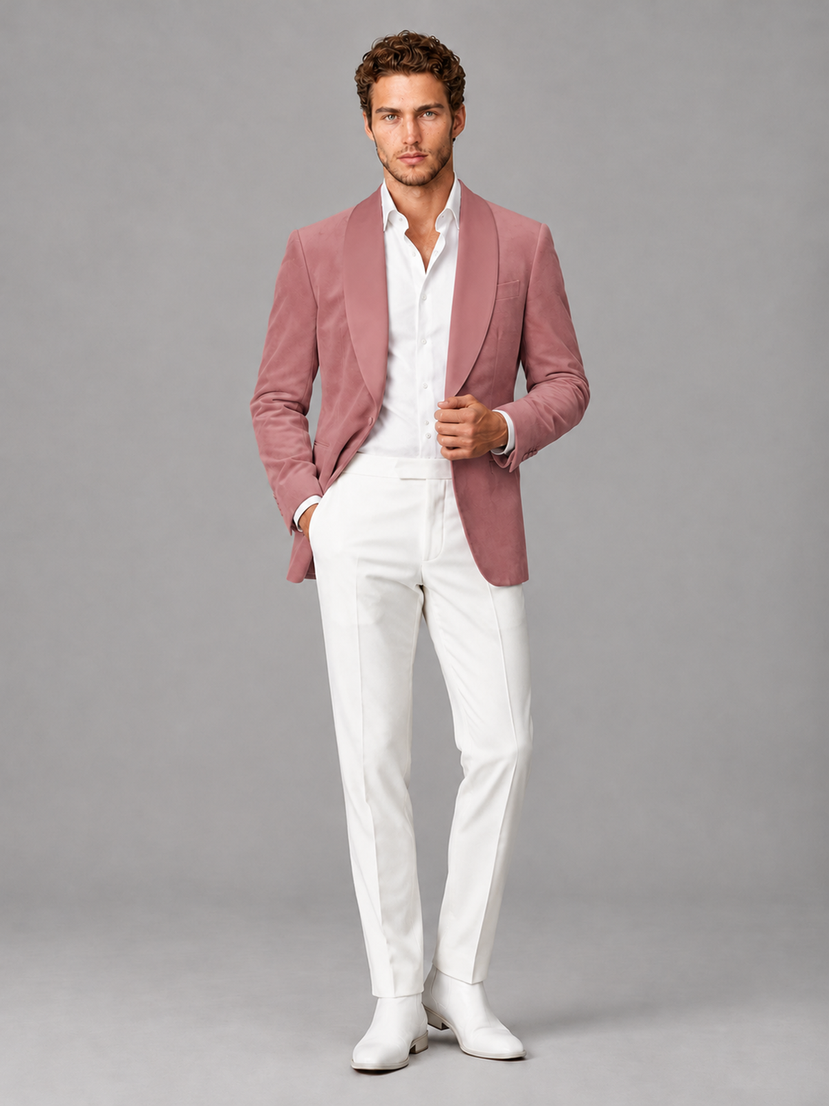 Savile Men's Dusty Rose Velvet Shawl Lapel 2-Piece Tuxedo Suit Set | Jacket & White Trousers - Dusty Rose - Dusty Rose (4)