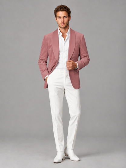 Savile Men's Dusty Rose Velvet Shawl Lapel 2-Piece Tuxedo Suit Set | Jacket & White Trousers - Dusty Rose - Dusty Rose (4)