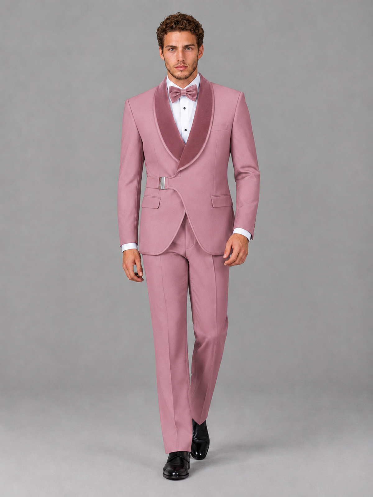 Savile Men's Dusty Rose Velvet Shawl Lapel Tuxedo Suit – Modern Side-Buckle Dinner Jacket & Trousers 2-Piece Set - Dusty Rose