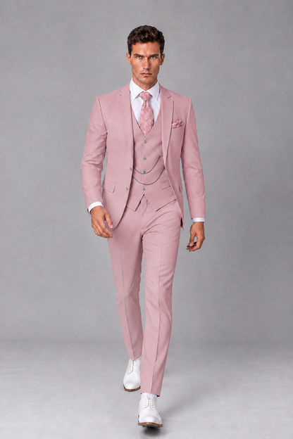 Savile Dusty Rose 3-Piece Suit with Notch Lapel & Chain Vest - Dusty Rose