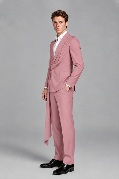 Men's Dusty Rose Draped Sash Suit – Peak Lapel 2-Piece Slim Fit Party, Gala & Wedding Set - Dusty Rose