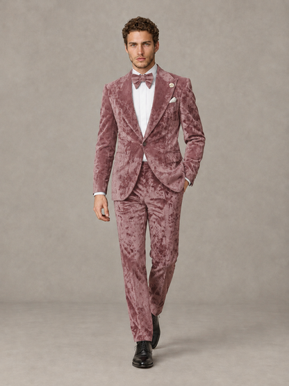 Savile Men's Dusty Rose Crushed Velvet Peak Lapel 2-Piece Suit Set | Jacket & Trousers - Dusty Rose - Dusty Rose (4)