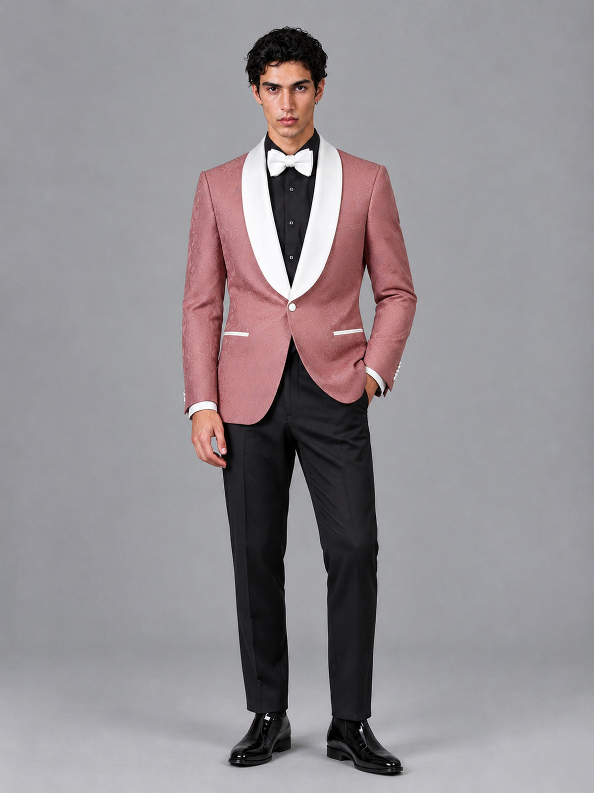Savile Men's Dusty Rose Jacquard White Shawl Lapel 2-Piece Tuxedo Suit Set | Jacket & Trousers - Dusty Rose - Dusty Rose (4)
