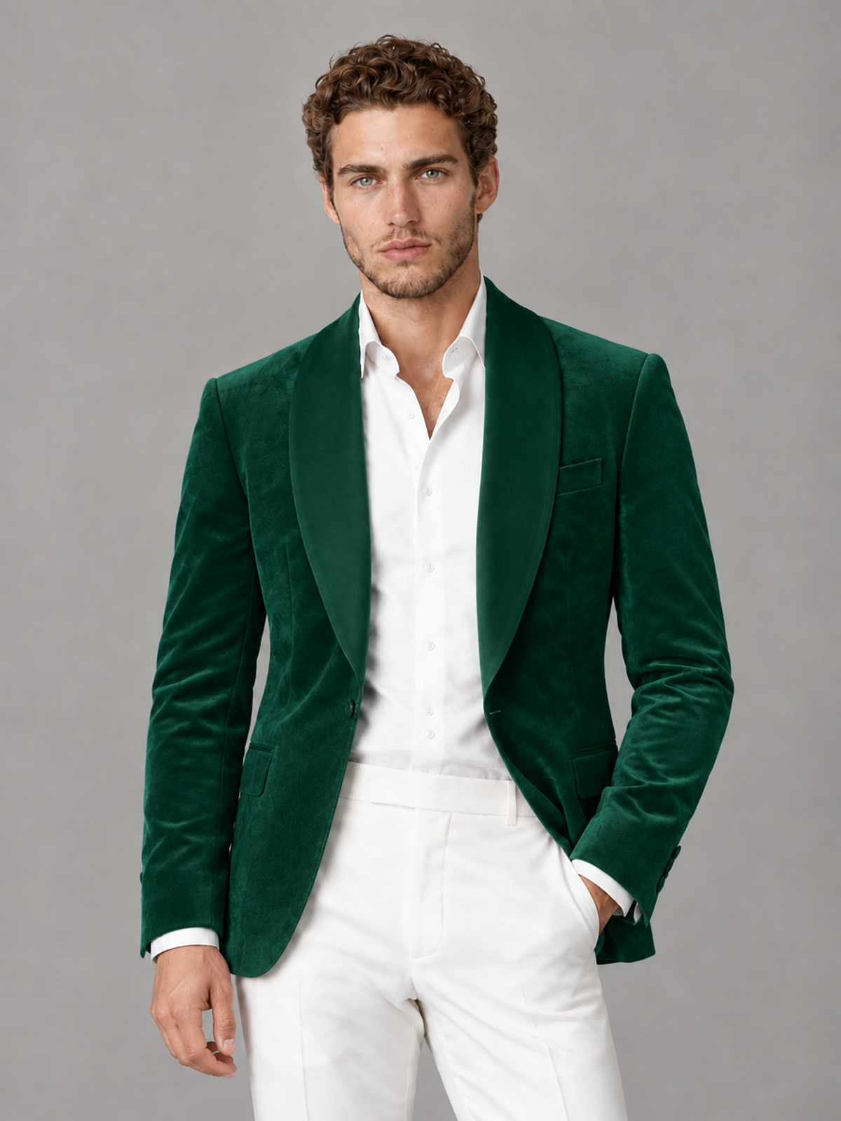 Savile Men's Emerald Green Velvet Shawl Lapel 2-Piece Tuxedo Suit Set | Jacket & White Trousers
