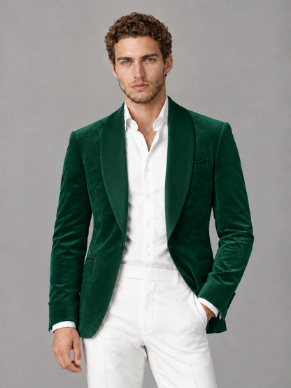 Savile Men's Emerald Green Velvet Shawl Lapel 2-Piece Tuxedo Suit Set | Jacket & White Trousers