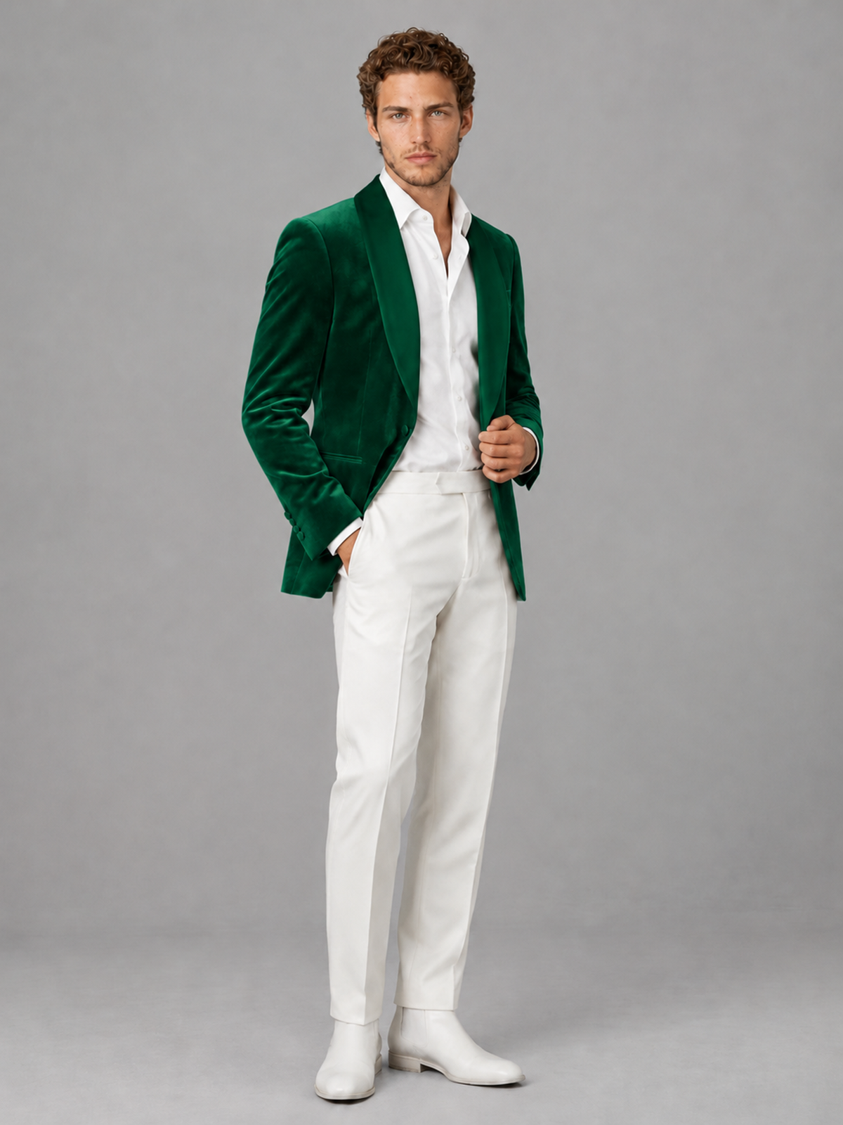 Savile Men's Emerald Green Velvet Shawl Lapel 2-Piece Tuxedo Suit Set | Jacket & White Trousers