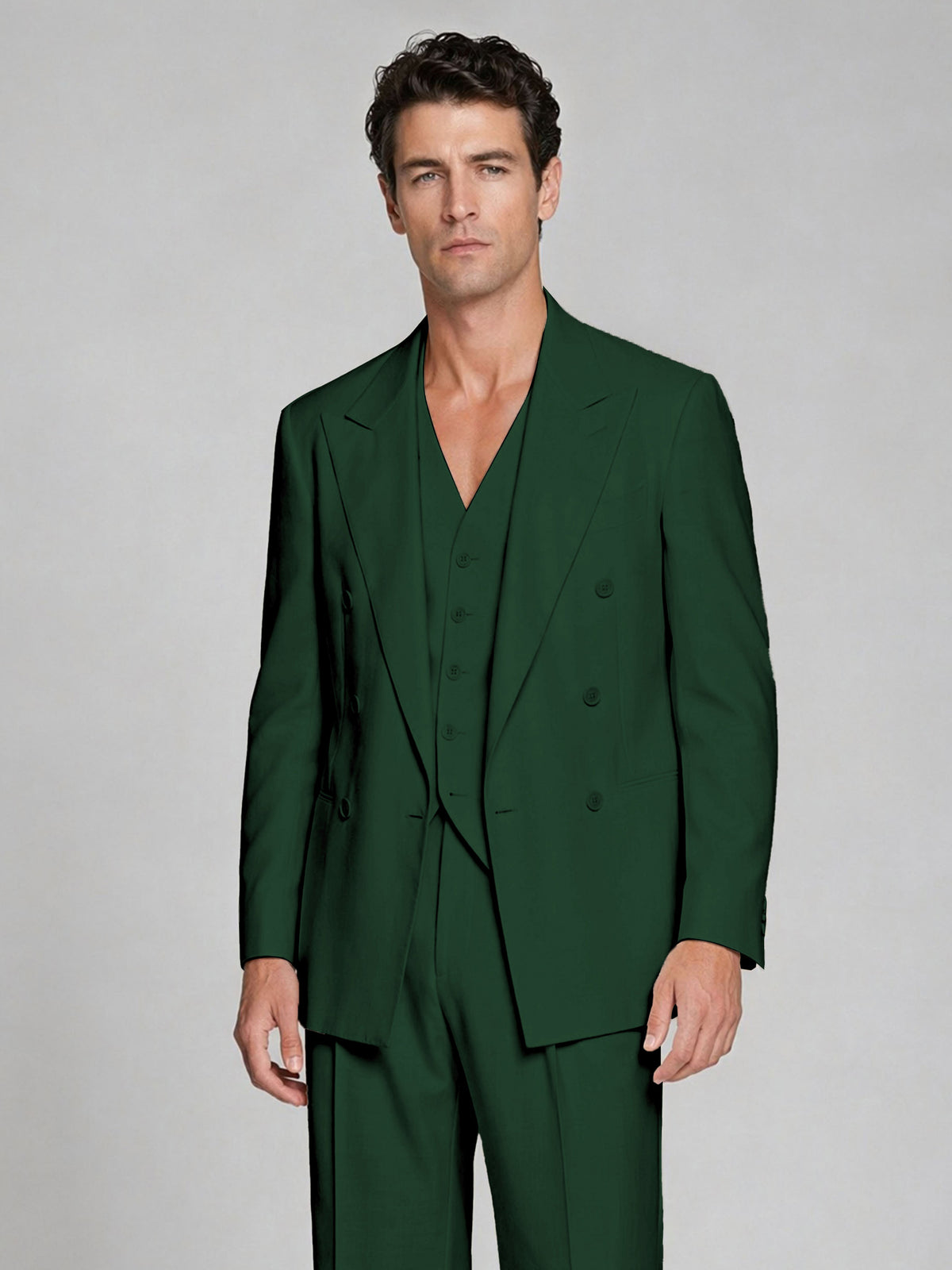 Men's Emerald Green Double-Breasted 2-Piece Suit – Peak Lapel Wedding & Beach Formal Set with Vest - Emerald Green