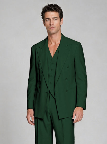 Men's Emerald Green Double-Breasted 2-Piece Suit – Peak Lapel Wedding & Beach Formal Set with Vest - Emerald Green