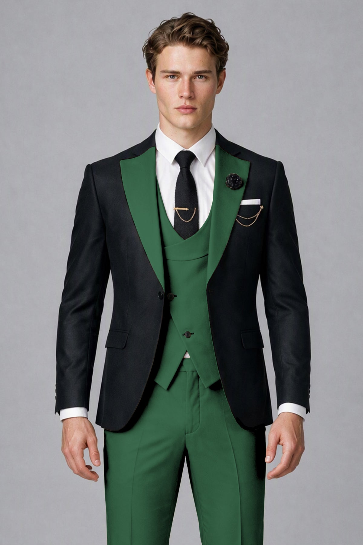 Savile Men's Black & Emerald Green Three-Piece Wedding Suit - Emerald Green