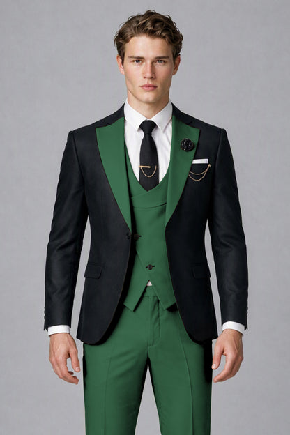 Savile Men's Black & Emerald Green Three-Piece Wedding Suit - Emerald Green