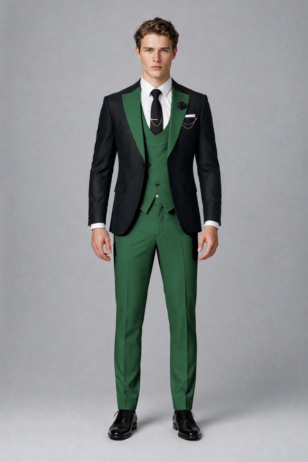 Savile Men's Black & Emerald Green Three-Piece Wedding Suit - Emerald Green