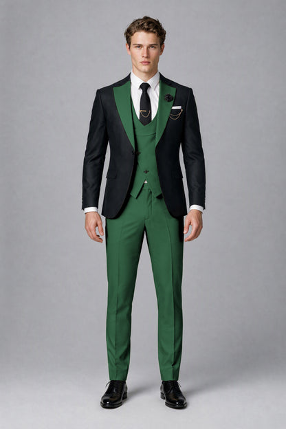 Savile Men's Black & Emerald Green Three-Piece Wedding Suit - Emerald Green
