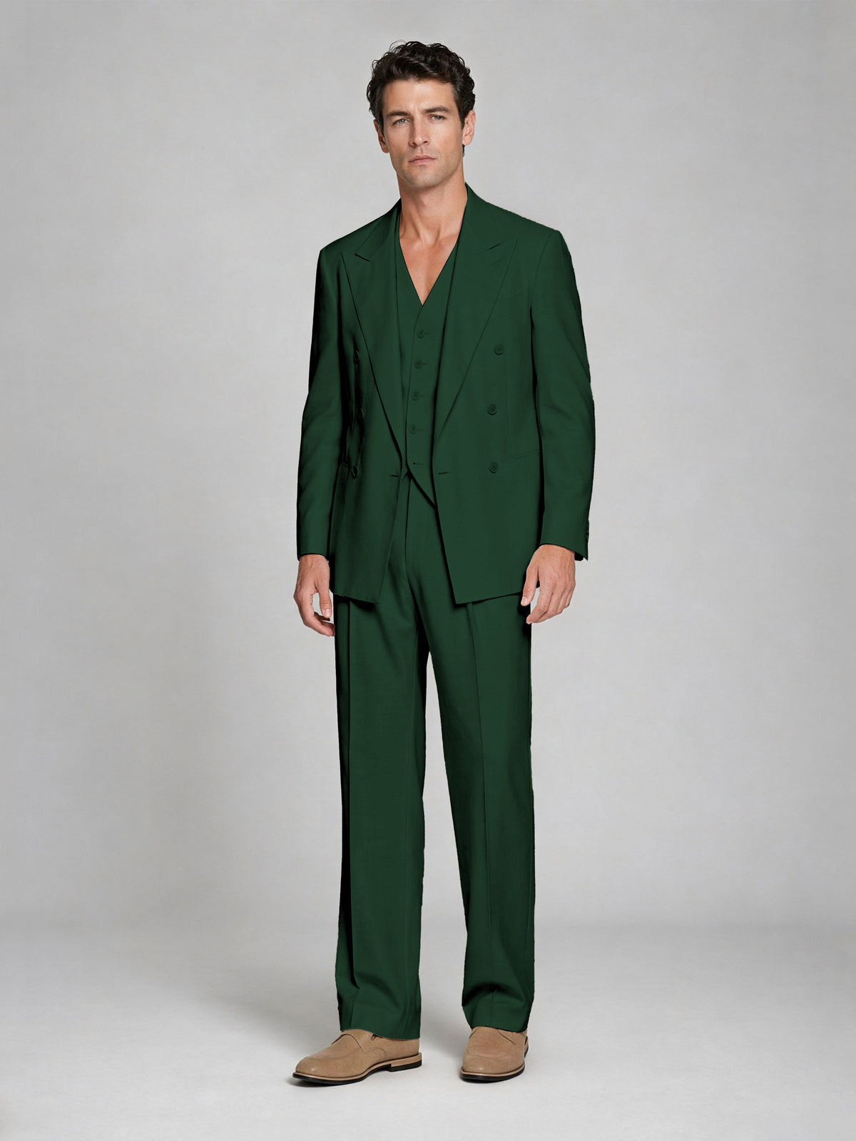 Men's Emerald Green Double-Breasted 2-Piece Suit – Peak Lapel Wedding & Beach Formal Set with Vest - Emerald Green
