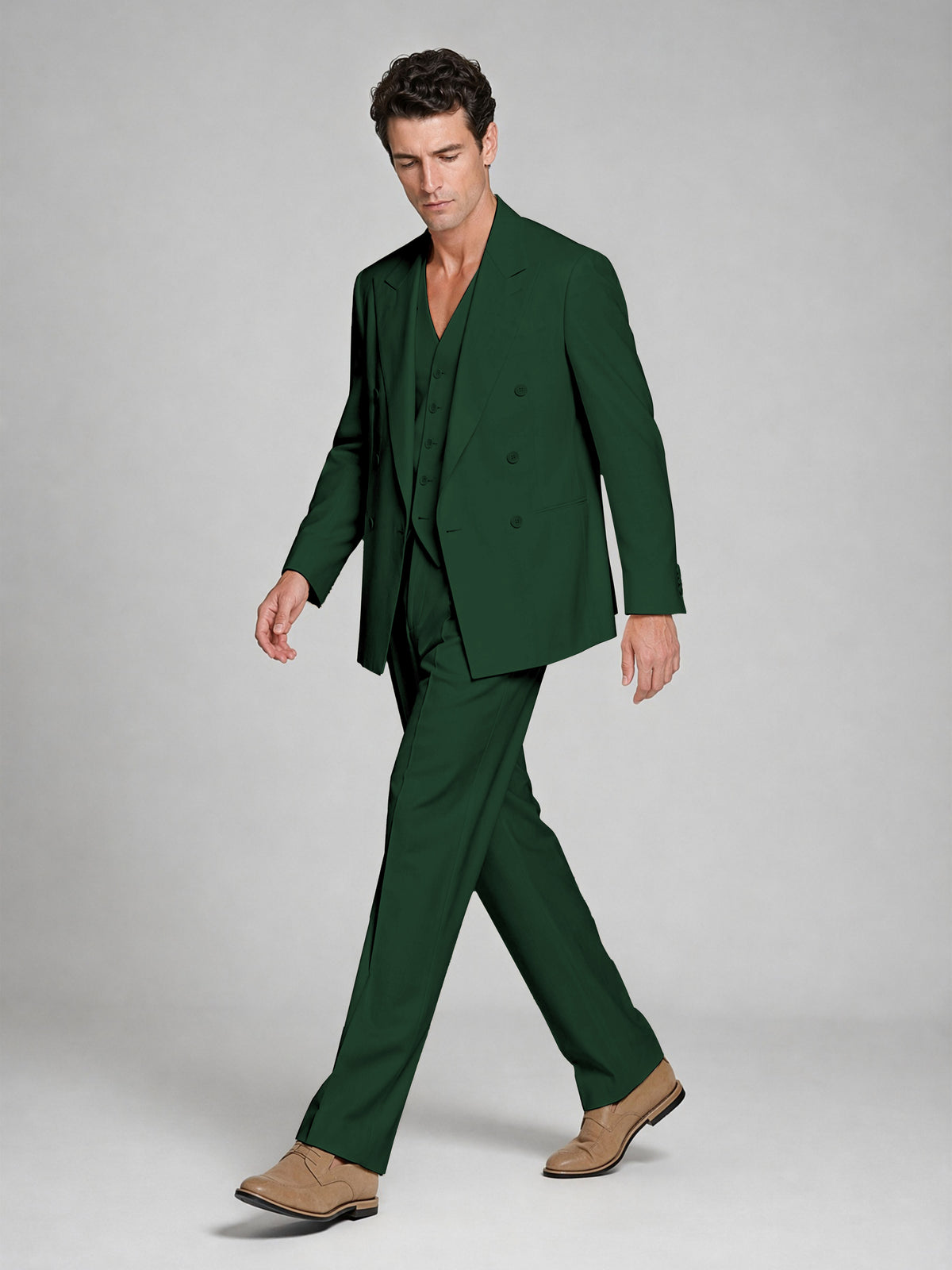Men's Emerald Green Double-Breasted 2-Piece Suit – Peak Lapel Wedding & Beach Formal Set with Vest - Emerald Green