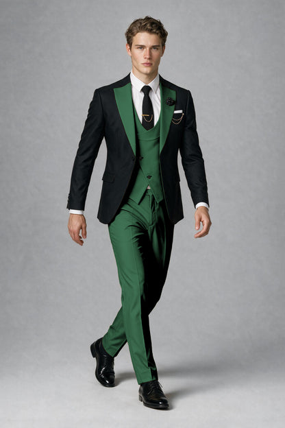 Savile Men's Black & Emerald Green Three-Piece Wedding Suit - Emerald Green