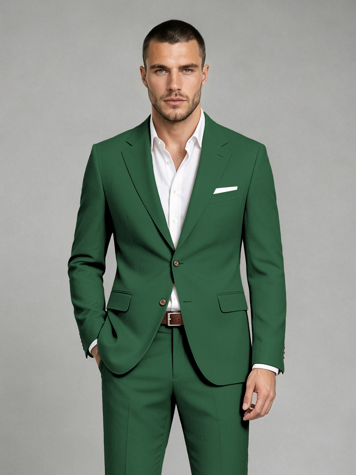 Savile Men's Dark Emerald Green Wool-Blend 2-Piece Suit Set – Two-Button Notch Lapel Slim-Fit Blazer & Turn-Up Trousers - Emerald Green