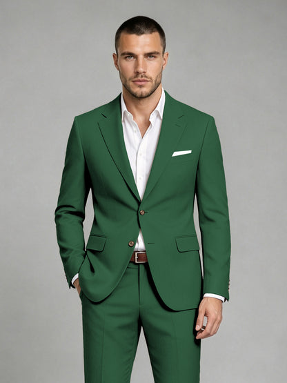 Savile Men's Dark Emerald Green Wool-Blend 2-Piece Suit Set – Two-Button Notch Lapel Slim-Fit Blazer & Turn-Up Trousers - Emerald Green