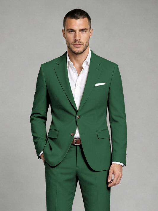 Savile Men's Dark Emerald Green Wool-Blend 2-Piece Suit Set – Two-Button Notch Lapel Slim-Fit Blazer & Turn-Up Trousers - Emerald Green