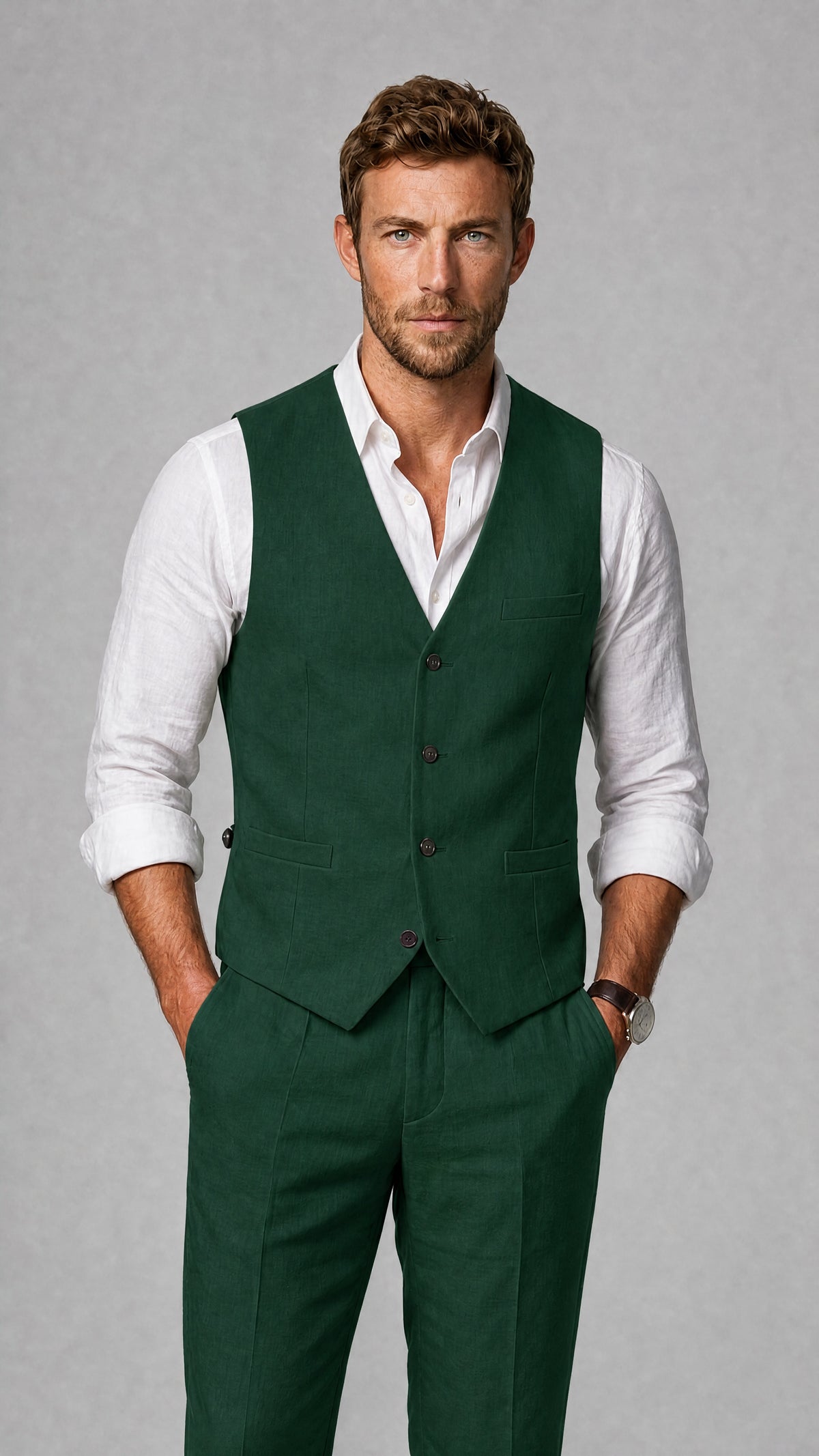 Men's Emerald Green Linen Blend Single-Breasted V-Neck Suit Vest | Savile QX0101 - Emerald Green