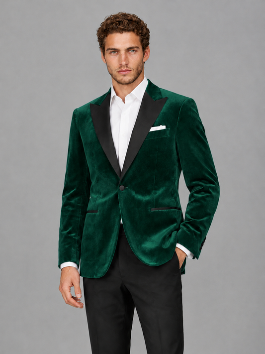Savile Men's Emerald Green Velvet Peak Lapel 2-Piece Tuxedo Suit Set | Jacket & Trousers - Emerald Green