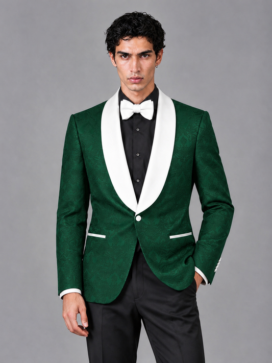 Savile Men's Emerald Green Jacquard White Shawl Lapel 2-Piece Tuxedo Suit Set | Jacket & Trousers - Emerald Green - Emerald Green (1)
