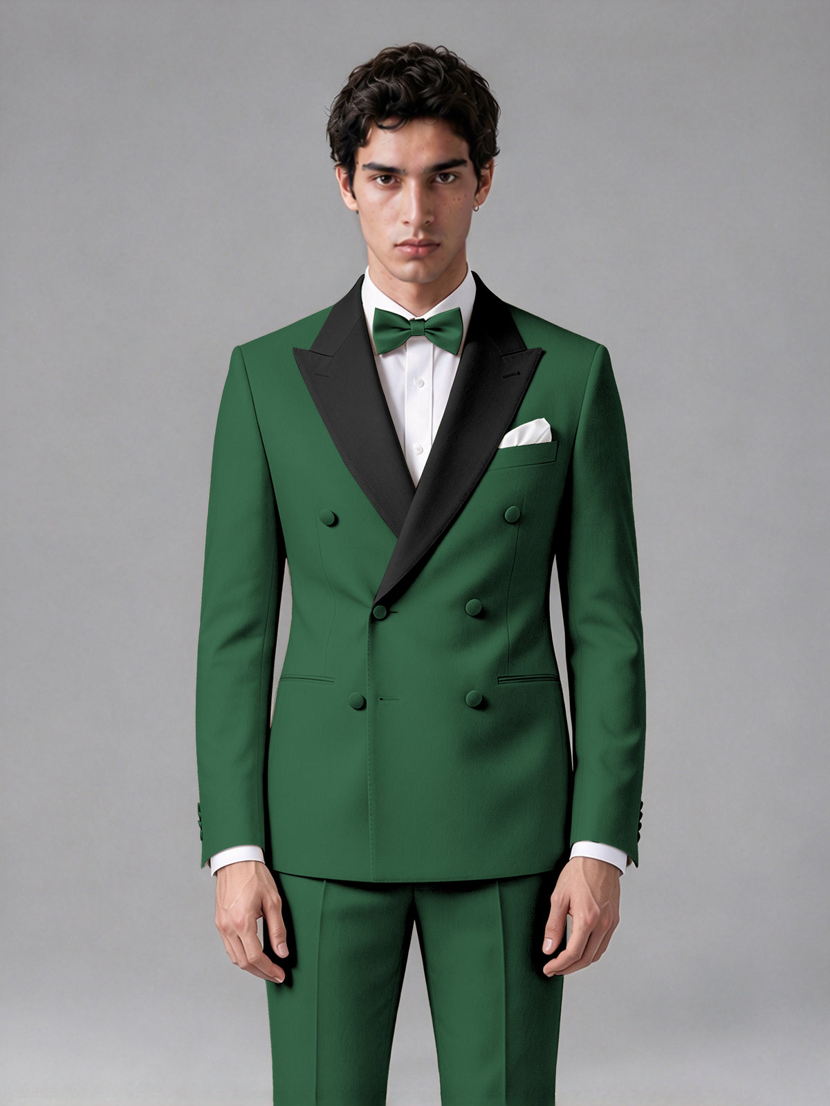Men's Emerald Green Double-Breasted Satin Peak Lapel Tuxedo Suit Set (Jacket + Trousers) - Emerald Green