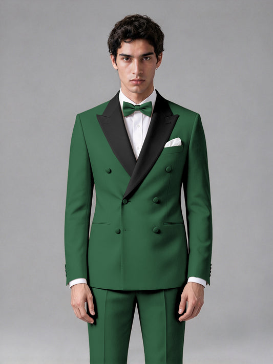 Men's Emerald Green Double-Breasted Satin Peak Lapel Tuxedo Suit Set (Jacket + Trousers) - Emerald Green
