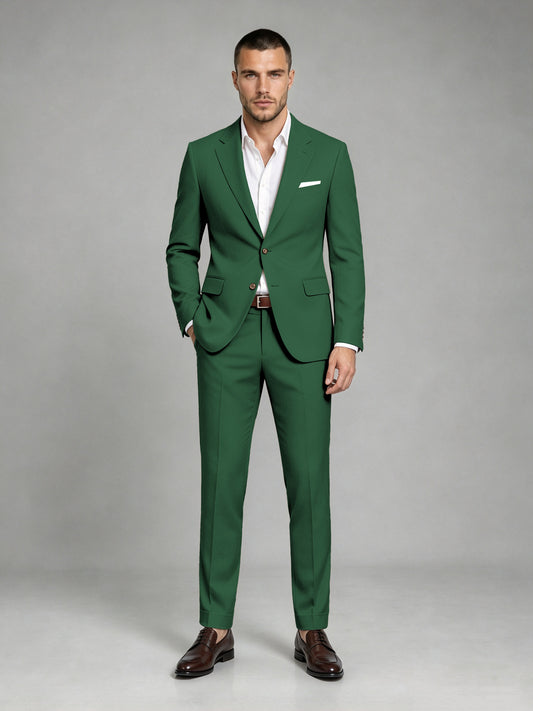 Savile Men's Dark Emerald Green Wool-Blend 2-Piece Suit Set – Two-Button Notch Lapel Slim-Fit Blazer & Turn-Up Trousers - Emerald Green