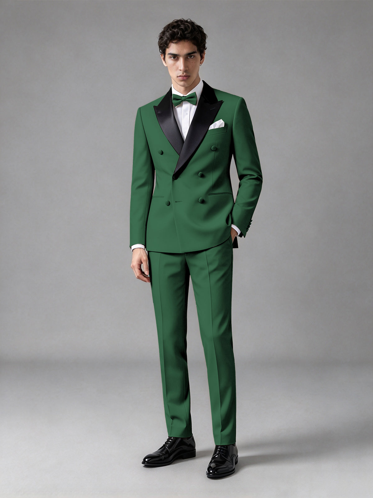 Men's Emerald Green Double-Breasted Satin Peak Lapel Tuxedo Suit Set (Jacket + Trousers) - Emerald Green