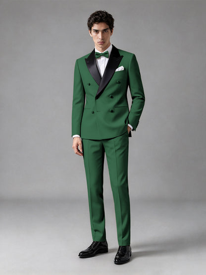 Men's Emerald Green Double-Breasted Satin Peak Lapel Tuxedo Suit Set (Jacket + Trousers) - Emerald Green
