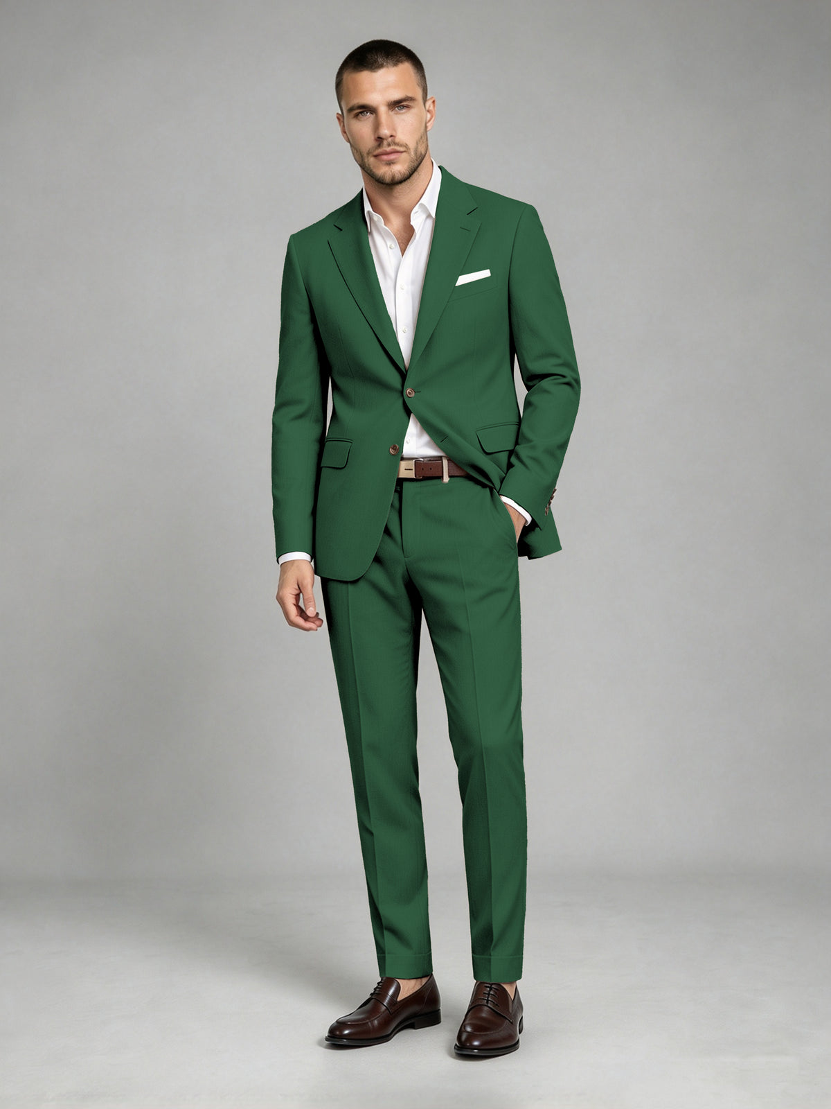 Savile Men's Dark Emerald Green Wool-Blend 2-Piece Suit Set – Two-Button Notch Lapel Slim-Fit Blazer & Turn-Up Trousers - Emerald Green