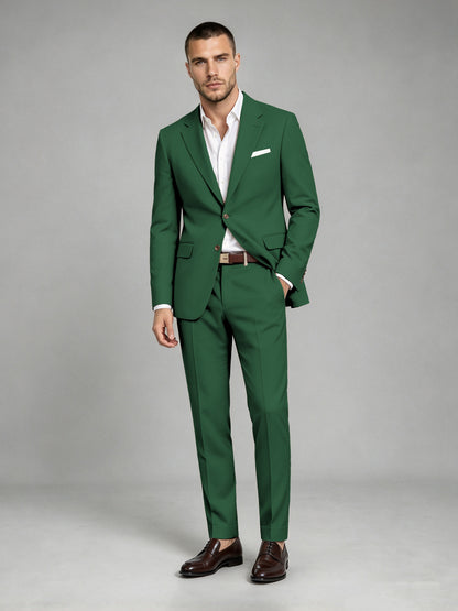 Savile Men's Dark Emerald Green Wool-Blend 2-Piece Suit Set – Two-Button Notch Lapel Slim-Fit Blazer & Turn-Up Trousers - Emerald Green