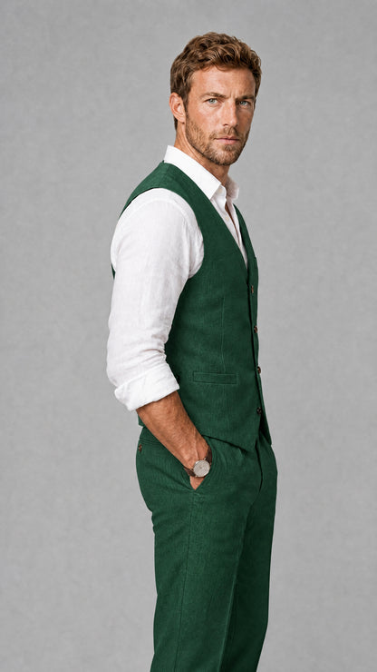 Men's Emerald Green Linen Blend Single-Breasted V-Neck Suit Vest | Savile QX0101 - Emerald Green