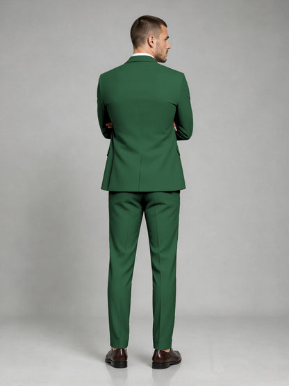 Savile Men's Dark Emerald Green Wool-Blend 2-Piece Suit Set – Two-Button Notch Lapel Slim-Fit Blazer & Turn-Up Trousers - Emerald Green